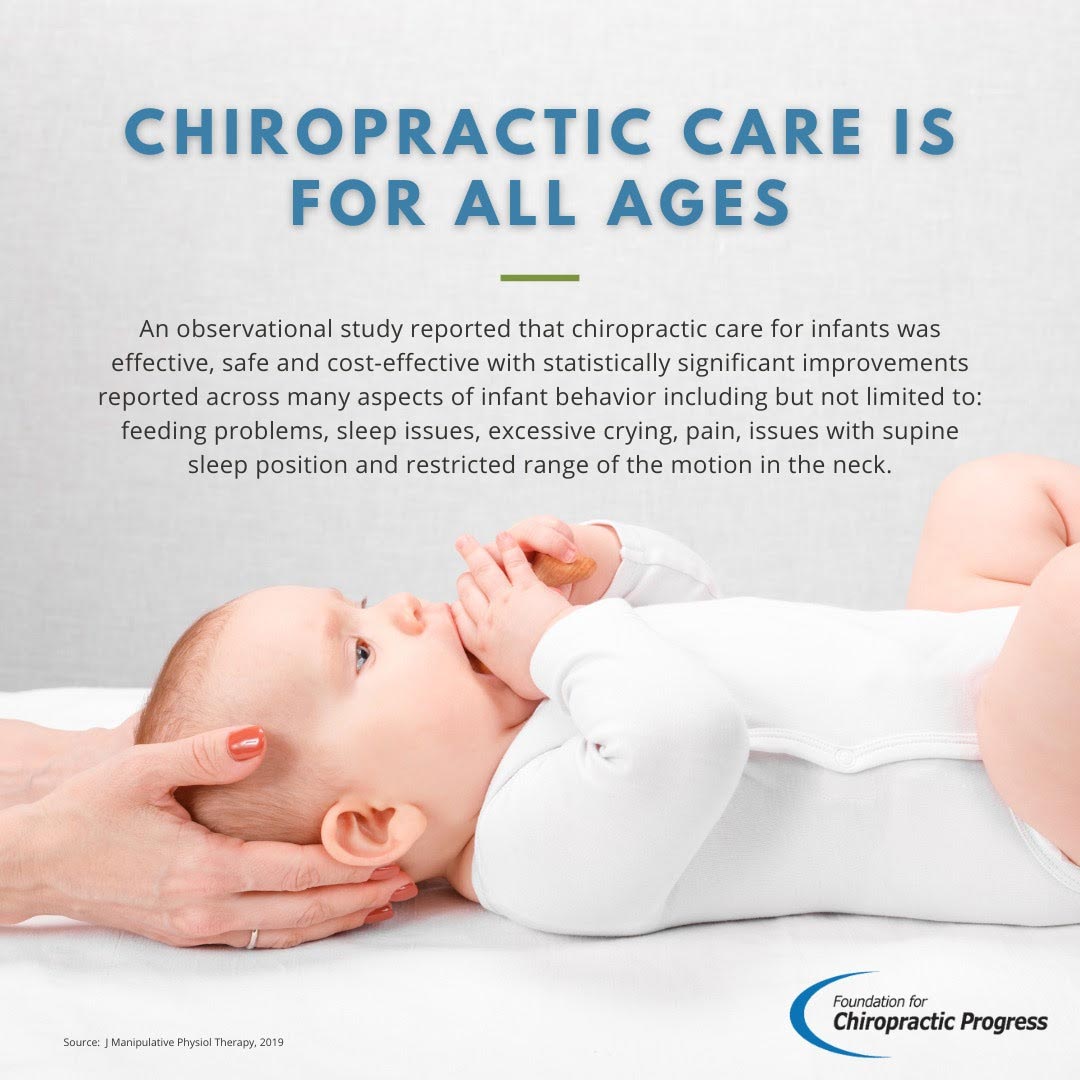 Infants that receive chiropractic care have been reported to experience improvements in feeding, sleep, crying, pain and range of motion in the neck. Chiropractic care supports the health of all ages.